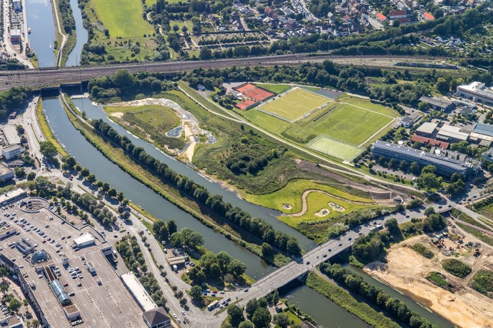 Luftaufnahme Hamm - Baustelle zur Errichtung einer neuen Parkanlage des Erlebnisraum Lippeaue entlang der Lippe in Hamm im Bundesland Nordrhein-Westfalen, Deutschland