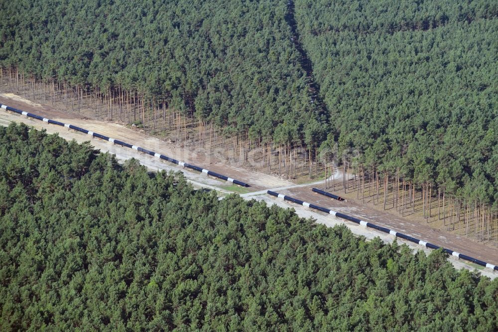 Luftbild Groß Köris - Baustelle zur Verlegung von Leitungs- Rohren der EUGAL Trasse in einem Wald bei Groß Köris im Bundesland Brandenburg, Deutschland