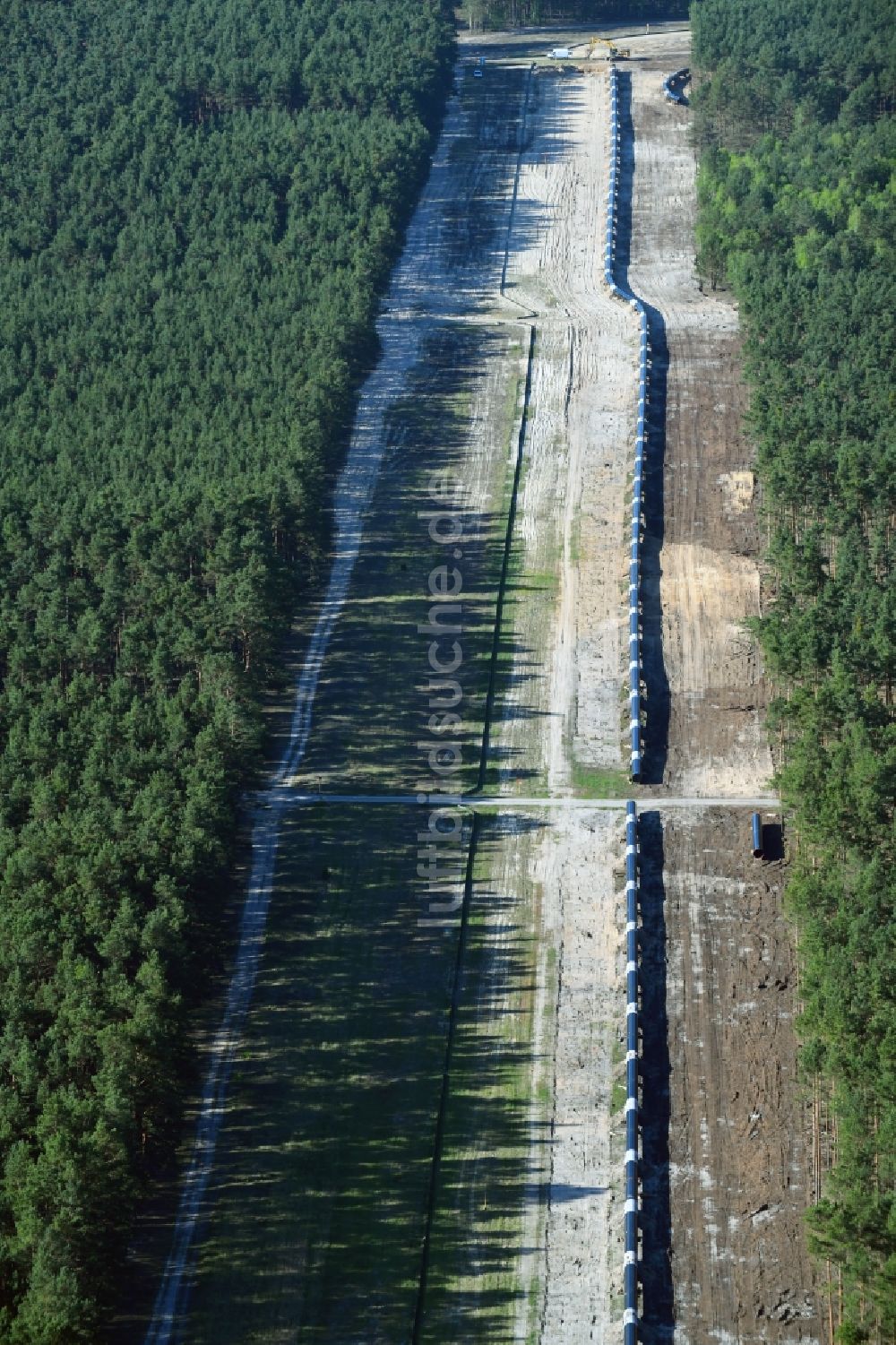 Groß Köris von oben - Baustelle zur Verlegung von Leitungs- Rohren der EUGAL Trasse in einem Wald bei Groß Köris im Bundesland Brandenburg, Deutschland