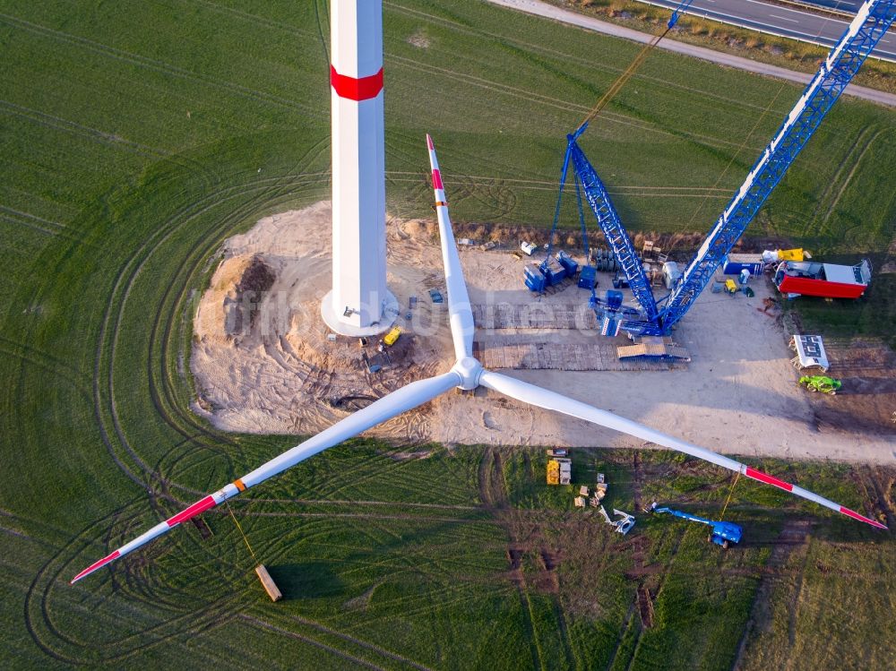 Luftbild Hoort - Baustelle zur Windrad- Montage auf einem Feld in Hoort im Bundesland Mecklenburg-Vorpommern, Deutschland