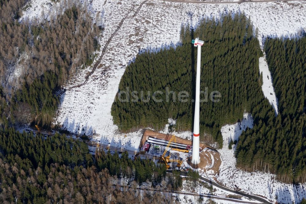 Luftaufnahme Gutsbezirk Kaufunger Wald - Baustelle zur Windrad- Montage in Gutsbezirk Kaufunger Wald im Bundesland Hessen, Deutschland