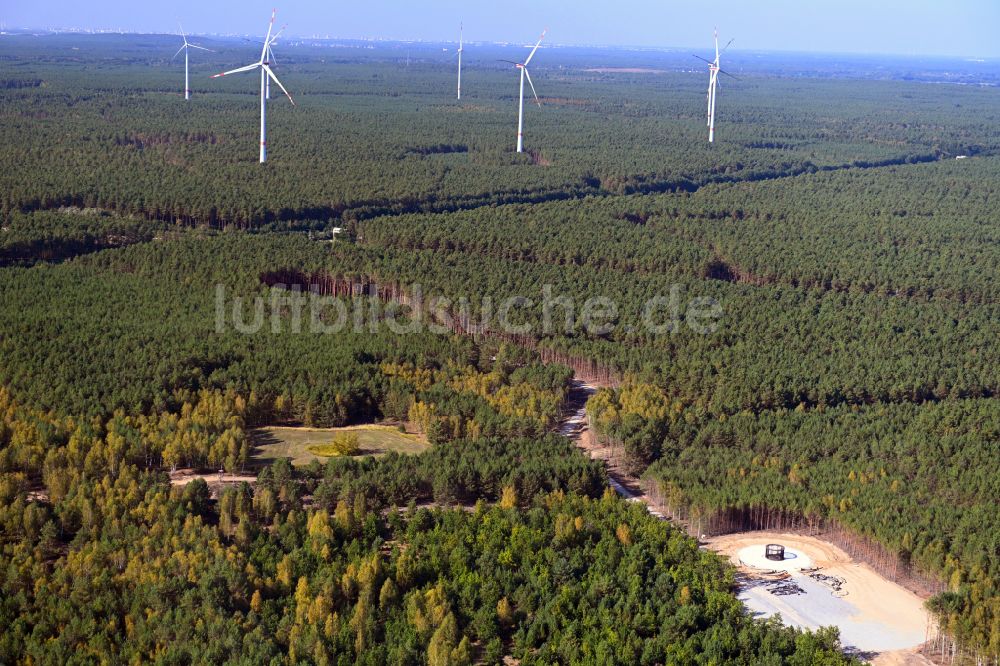Luftaufnahme Spreenhagen - Baustelle zur Windrad- Montage im Waldgebiet in Spreenhagen im Bundesland Brandenburg, Deutschland
