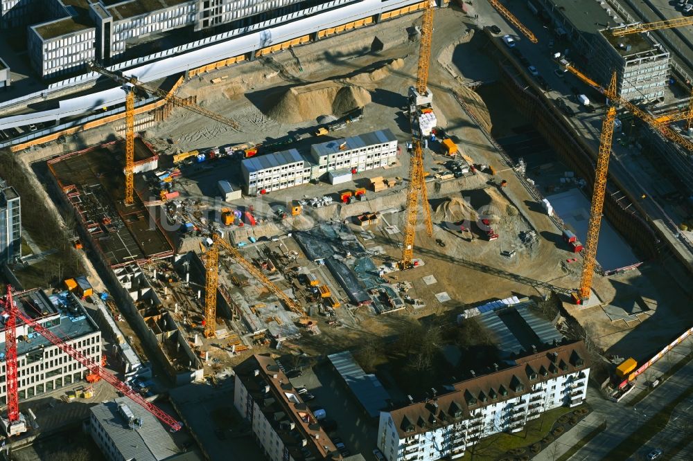 Luftaufnahme München - Baustellen zum Neubau eines Stadtquartiers HOFMARK am Olympiapark in München im Bundesland Bayern, Deutschland