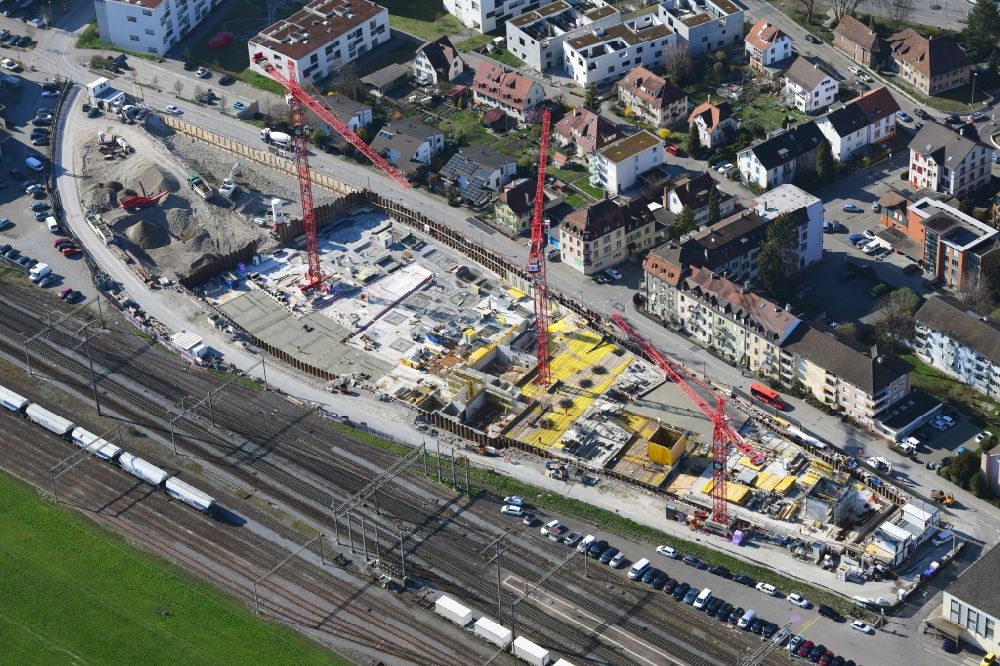Rheinfelden von oben - Baustellen zum Neubau eines Stadtquartiers mit Wohn- und Dienstleistungszentrum Furnierwerk in Rheinfelden, Kanton Aargau, Schweiz