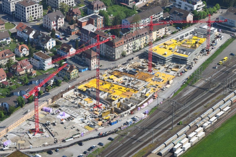 Luftbild Rheinfelden - Baustellen zum Neubau eines Stadtquartiers mit Wohn- und Dienstleistungszentrum Furnierwerk in Rheinfelden, Kanton Aargau, Schweiz