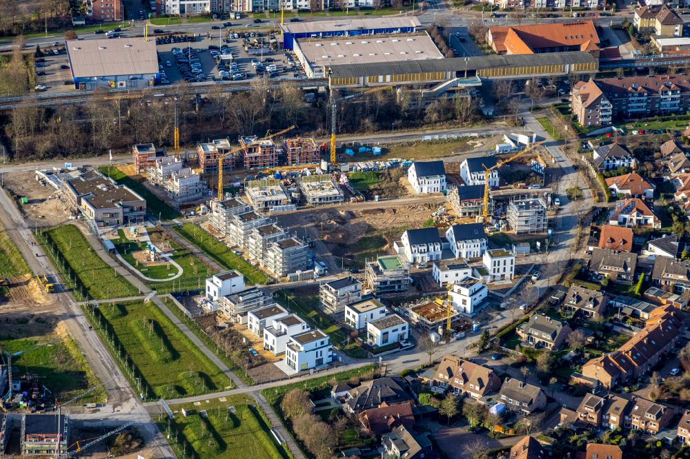 Luftbild Duisburg - Baustellen zum Neubau- Wohngebiet einer Einfamilienhaus- Siedlung Angerbogen in Duisburg im Bundesland Nordrhein-Westfalen, Deutschland
