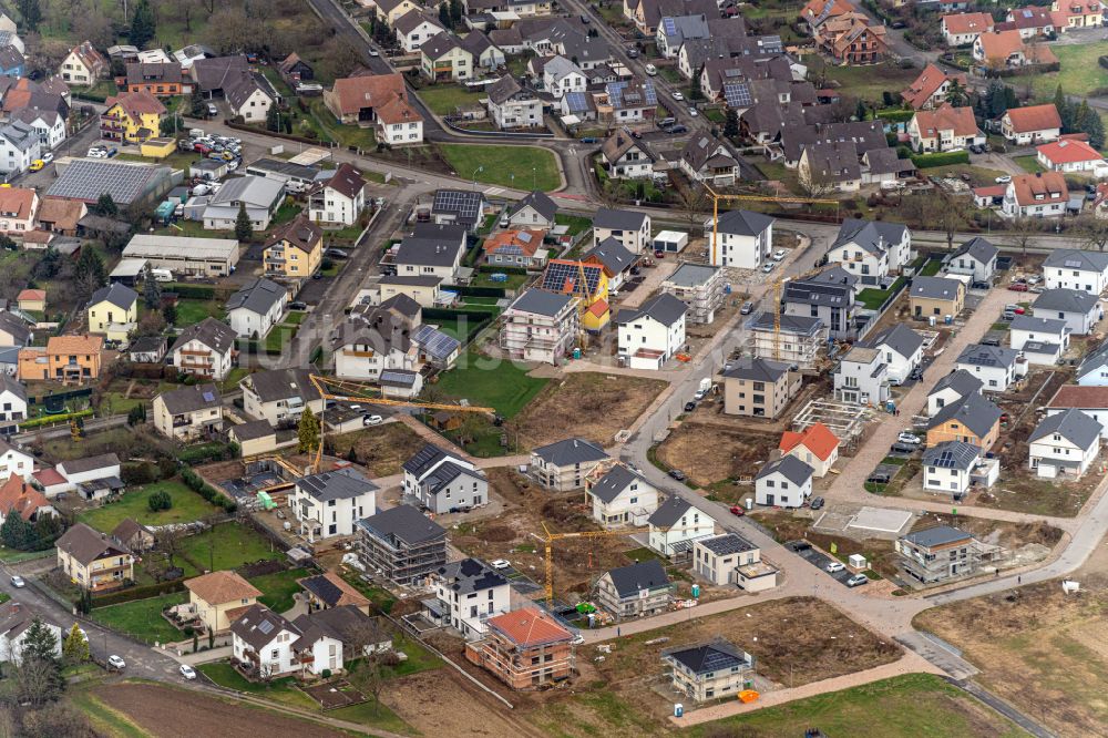 Luftbild Rheinhausen - Baustellen zum Neubau- Wohngebiet einer Einfamilienhaus- Siedlung in Rheinhausen im Bundesland Baden-Württemberg, Deutschland