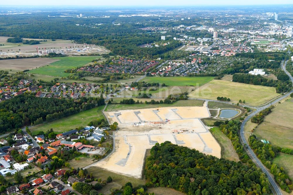 Luftbild Wolfsburg - Baustellen zum Neubau- Wohngebiet einer Einfamilienhaus- Siedlung Wiesengarten in Wolfsburg im Bundesland Niedersachsen, Deutschland