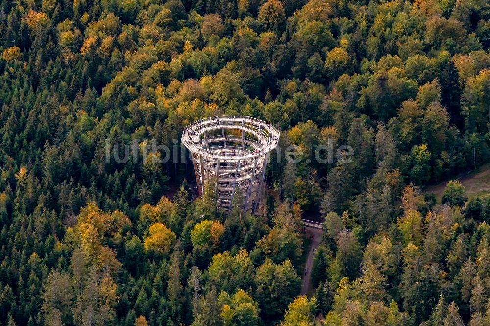 Luftaufnahme Bad Wildbad - Bauwerk des Aussichtsturmes am Baumwipfelpfad in Bad Wildbad im Bundesland Baden-Württemberg, Deutschland