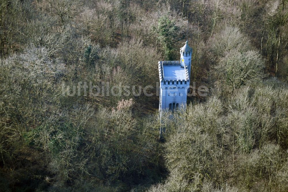 Luftbild Schwerin - Bauwerk des Aussichtsturmes auf der Insel Kaninchenwerder in Schwerin im Bundesland Mecklenburg-Vorpommern, Deutschland