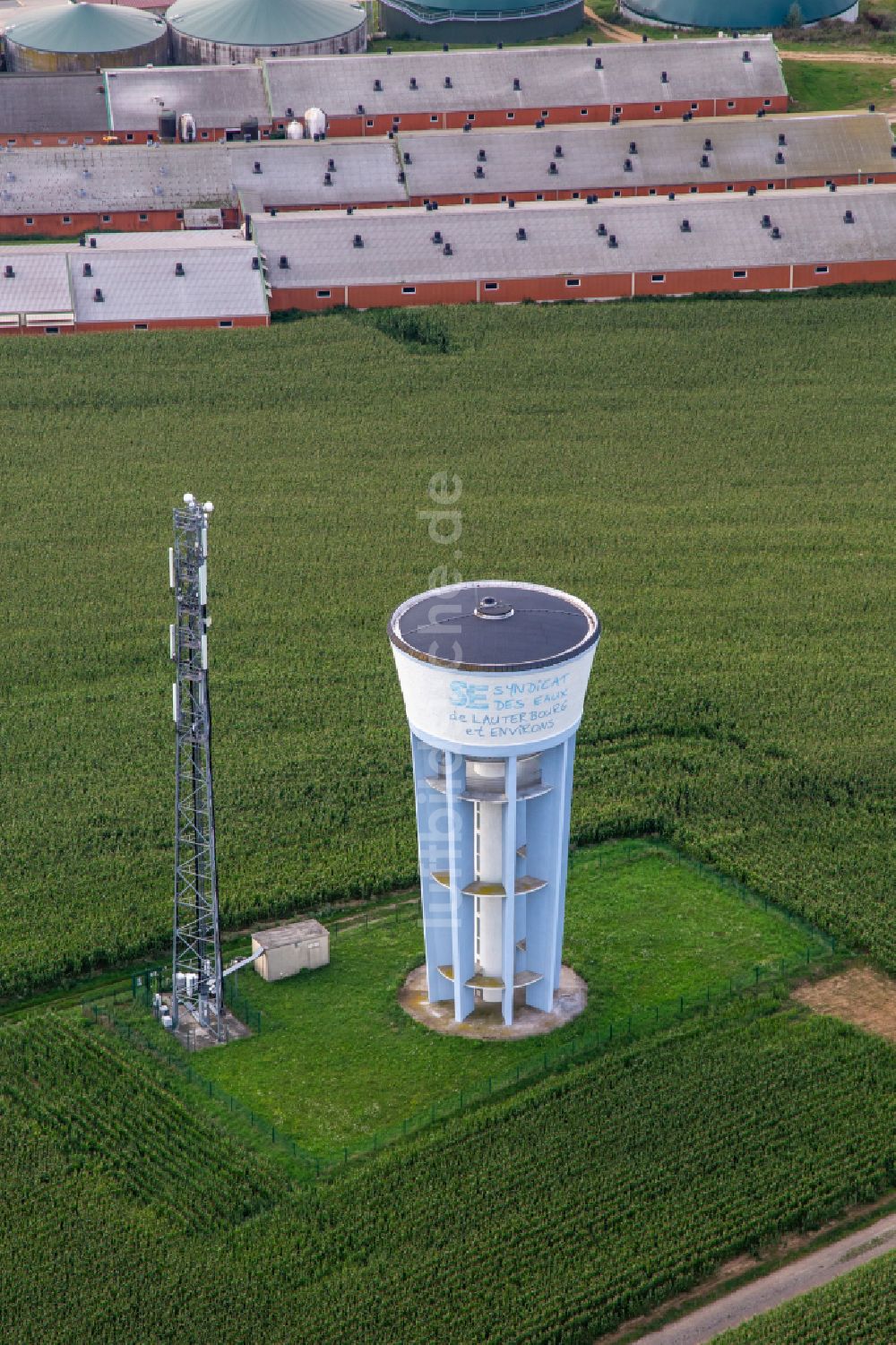 Wintzenbach aus der Vogelperspektive: Bemalter Wasserturm und Mobilfunkmast in Wintzenbach in Grand Est, Frankreich