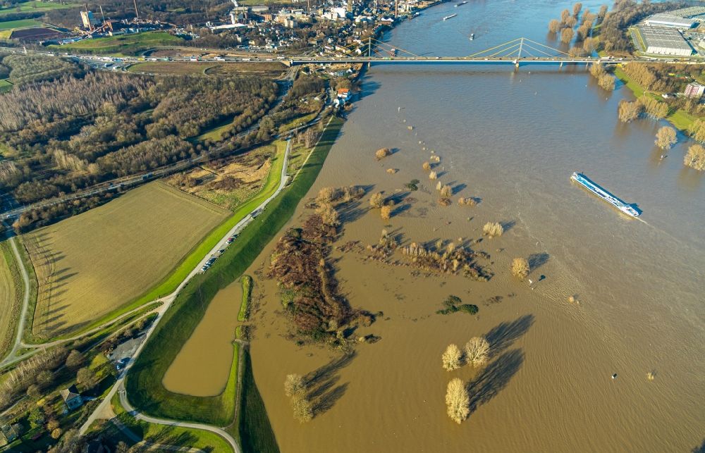 Luftbild Duisburg - Überflutete Flutungswiesen am Hochwasser- Pegel führenden Flußbett des Rhein im Ortsteil Bergheim in Duisburg im Bundesland Nordrhein-Westfalen, Deutschland