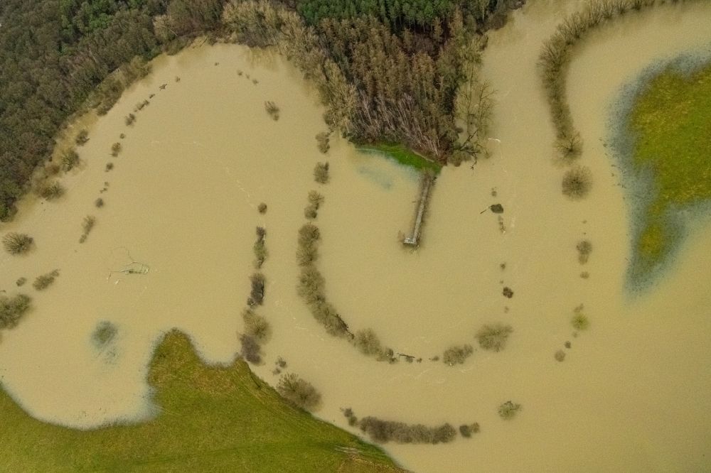 Ahsen von oben - Überflutung am Fluss Lippe in Ahsen im Bundesland Nordrhein-Westfalen, Deutschland