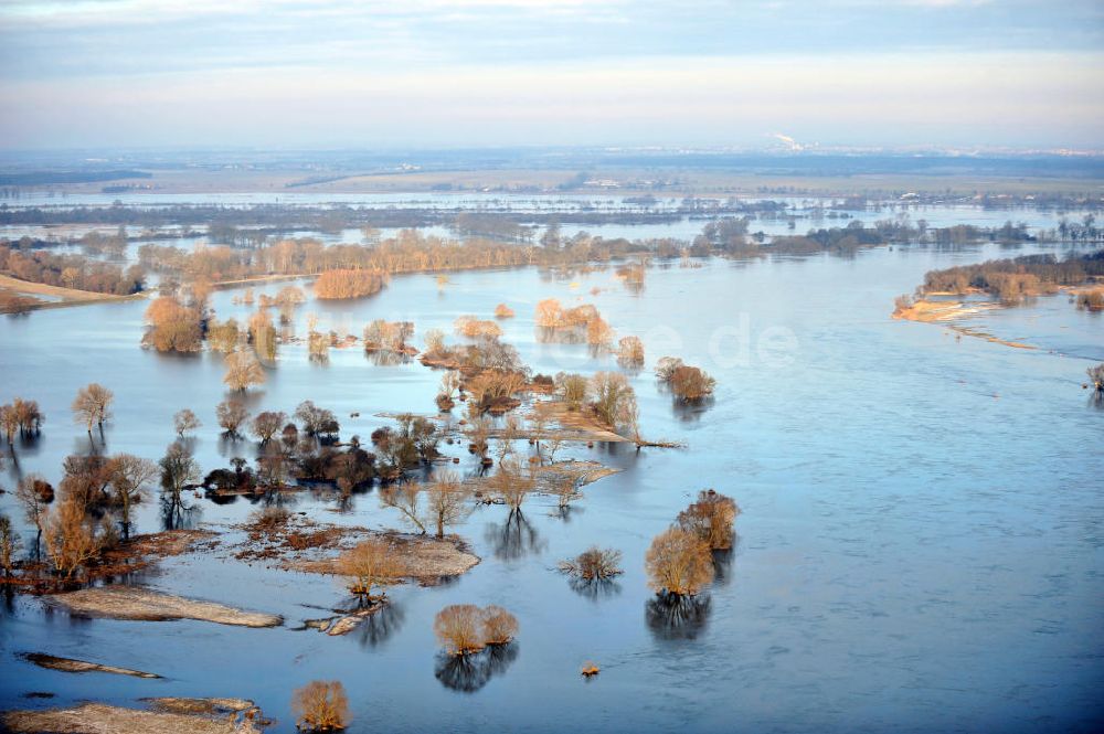 Luftaufnahme Jerichow - Überschwemmte Felder an der Elbe bei Jerichow in Sachsen-Anhalt