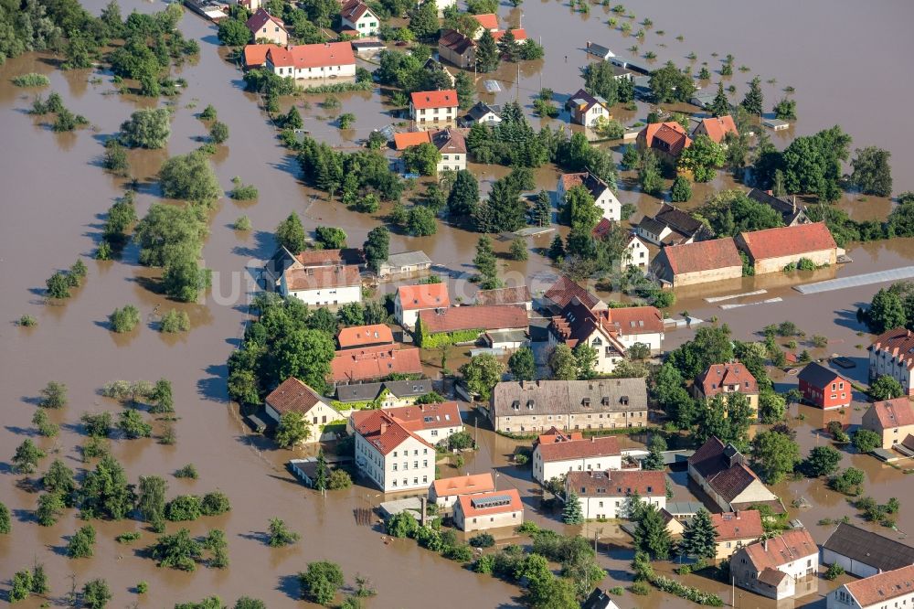 Radebeul aus der Vogelperspektive: Überschwemmungen während und nach dem Hochwasser am Ufer der Elbe bei Gohlis und Radebeul im Bundesland Sachsen