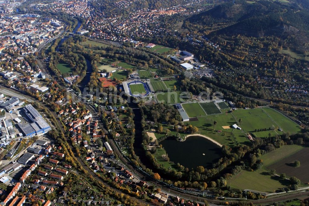 Luftbild Jena - Übersicht des Volksparkes Oberaue entlang der Stadtrodaer Straße in Jena in Thüringen