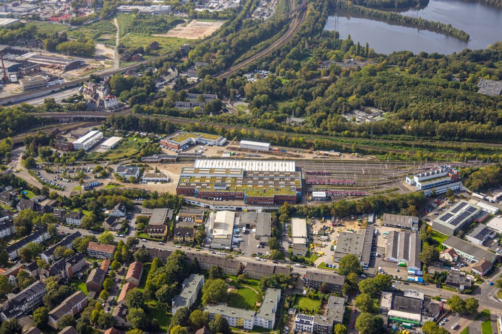 Dortmund von oben - Betriebshof Dorstfeld mit Erneuerungsarbeiten an Gleisen und Schienen am Dorstfelder Hellweg in Dortmund im Bundesland Nordrhein-Westfalen, Deutschland