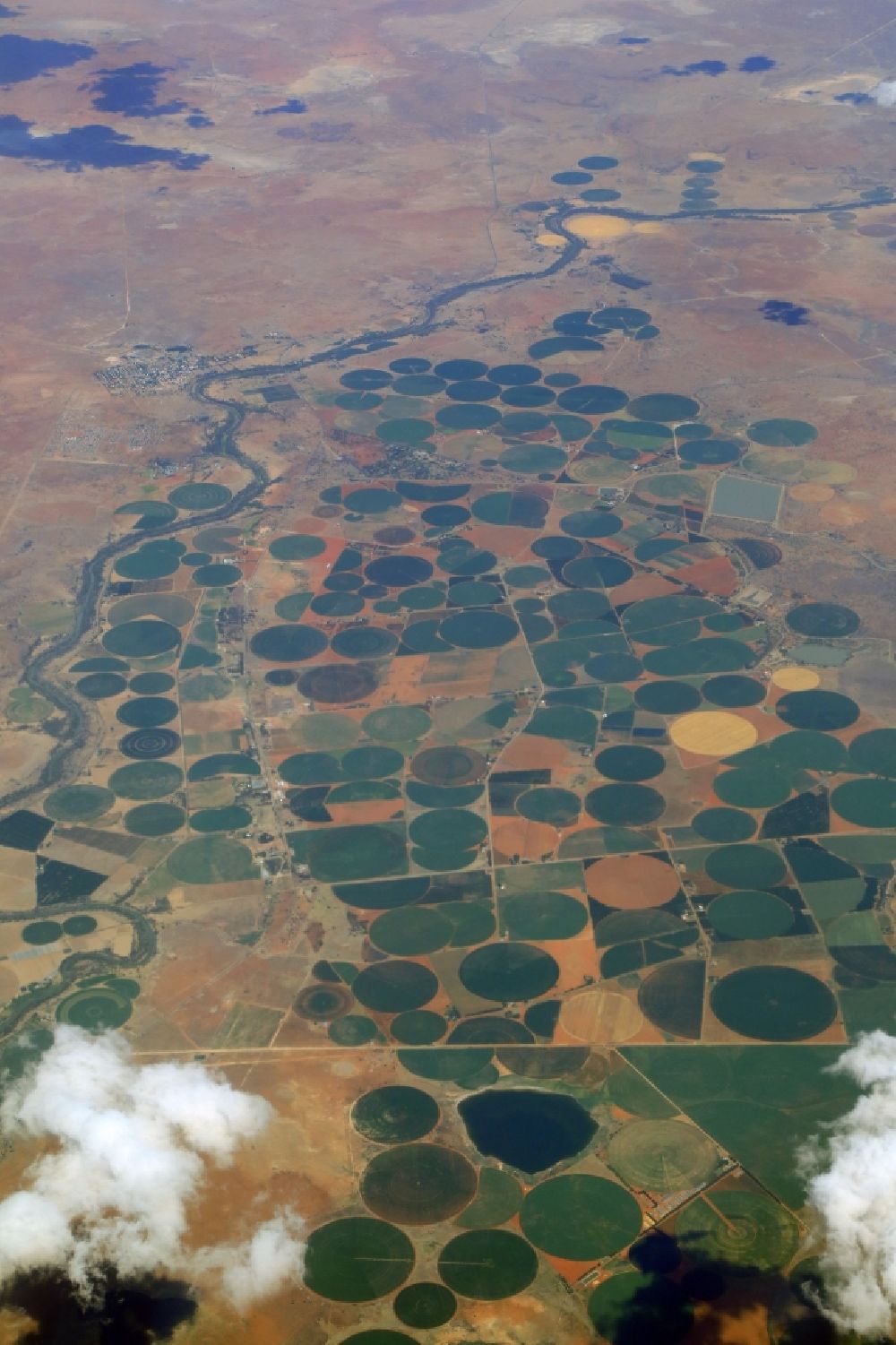 Jacobsdal aus der Vogelperspektive: Bewässerungsanlagen in der Agrarlandschaft an den Uferbereichen des Flusses Rietrivier in Jakobsdal in Freistaat, Südafrika