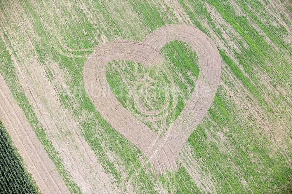 Luftaufnahme Auerschütz - Blick auf gepflügtes Herz auf einem Feld bei Auerschütz im Bundesland Sachsen
