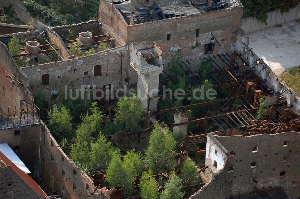 Nienburg aus der Vogelperspektive: Blick auf das Ruinengebäude der alten Malzfabrik nahe der Schloßstraße in Nienburg an der Saale