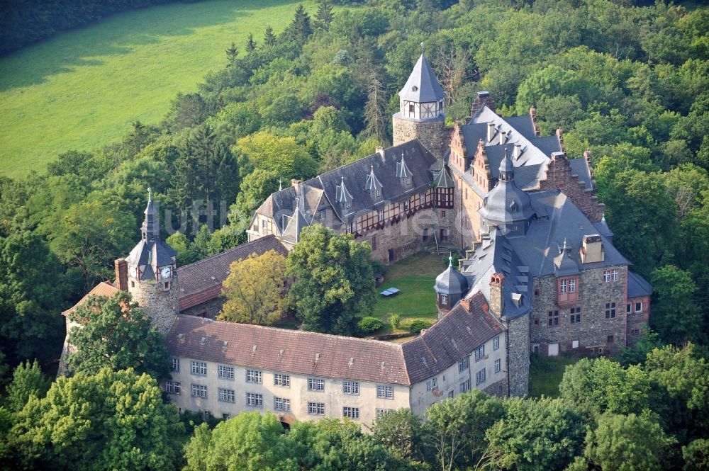 Mansfeld von oben - Blick auf das Schloss Rammelburg im gleichnamigen Ortsteil der Stadt Mansfeld im Bundesland Sachsen-Anhalt