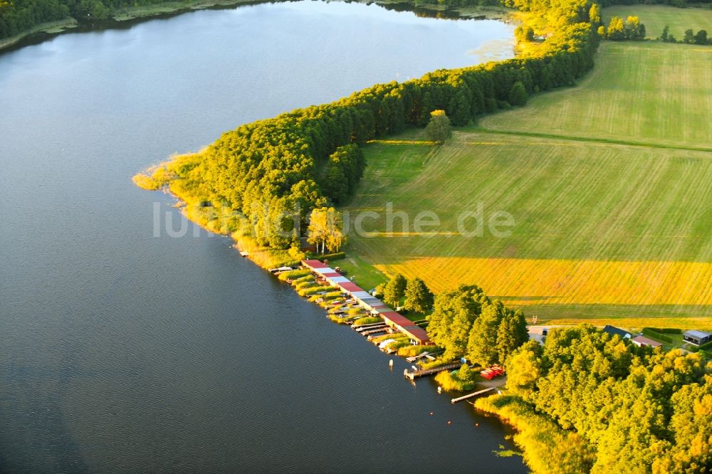 Luftaufnahme Schillersdorf - Bootshaus- Reihen mit Sportboot- Anlegestellen und Bootsliegeplätzen am Uferbereich des Leppinsee in Schillersdorf im Bundesland Mecklenburg-Vorpommern, Deutschland