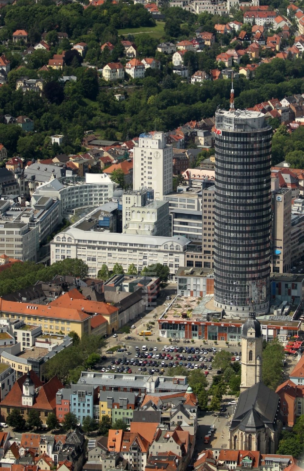 Luftbild Jena - Büro- und Unternehmensverwaltungs- Hochhaus- Gebäude Jentower am Leutragraben in Jena im Bundesland Thüringen, Deutschland