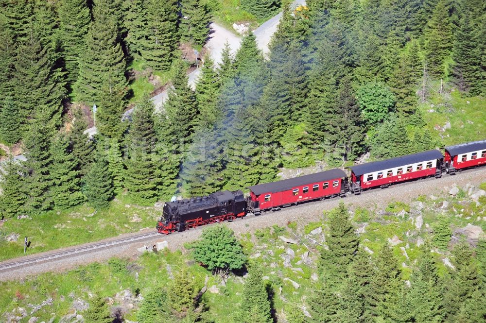 Luftaufnahme Brocken - Brockenbahn - Harzquerbahn - Harzer Schmalspurbahn am Brocken in Schsen-Anhalt
