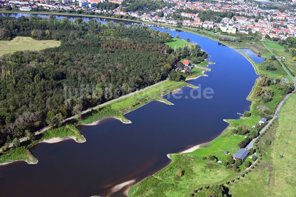 Coswig (Anhalt) aus der Vogelperspektive: Buhnen- Landschaft der Elbe - Flussverlauf in Coswig (Anhalt) im Bundesland Sachsen-Anhalt, Deutschland