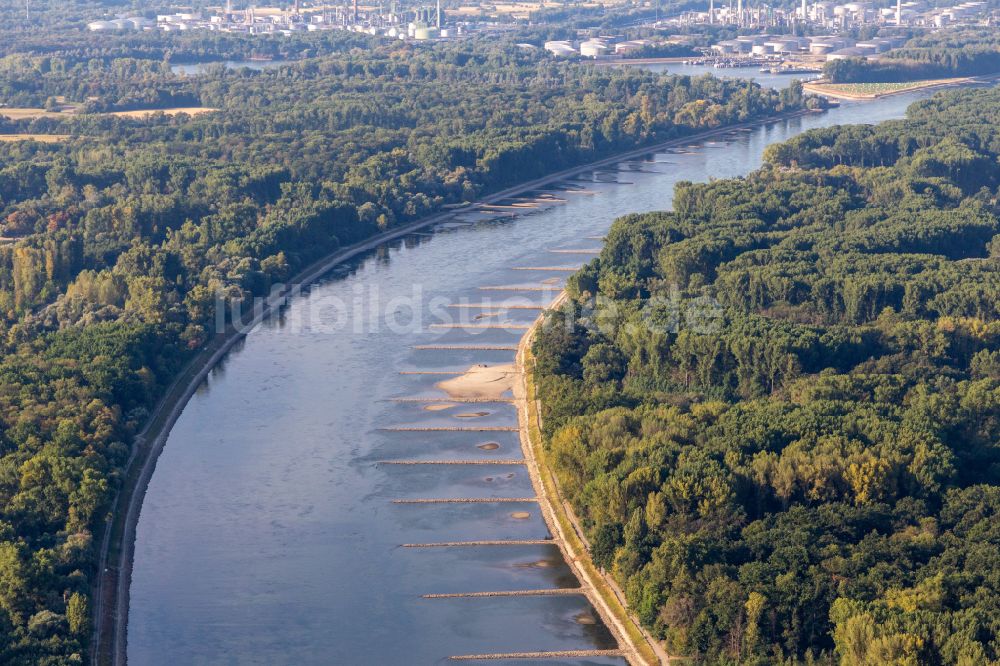 Karlsruhe aus der Vogelperspektive: Buhnen- Landschaft des Rhein - Flussverlauf in Karlsruhe im Bundesland Baden-Württemberg, Deutschland