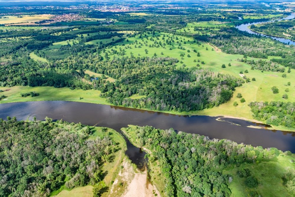 Coswig (Anhalt) aus der Vogelperspektive: Buhnen- Landschaft an den Uferbereichen Elbe Flussverlaufes in Coswig (Anhalt) im Bundesland Sachsen-Anhalt, Deutschland
