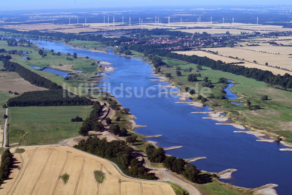 Dalchau von oben - Buhnen- Landschaft an den Uferbereichen des Elbe Flussverlaufes in Dalchau im Bundesland Sachsen-Anhalt, Deutschland