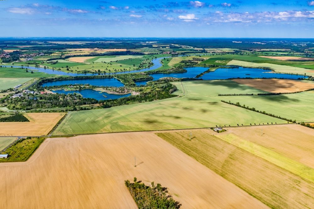 Prettin von oben - Buhnen- Landschaft an den Uferbereichen Elbetal Flussverlaufes in Prettin im Bundesland Sachsen-Anhalt, Deutschland