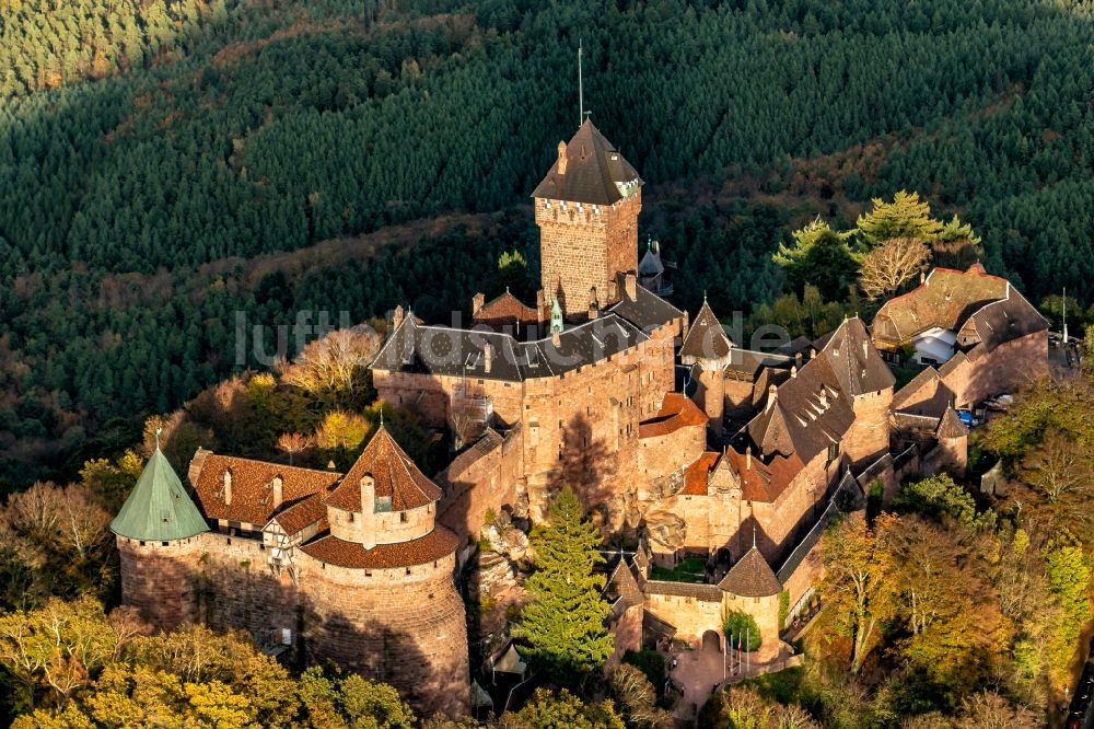 Orschwiller von oben - Burg Hohkönigsburg im Elsass 1901-1908 von Kaiser Wilhelm der 2. wieder aufgebaut in Orschwiller in Grand Est, Frankreich