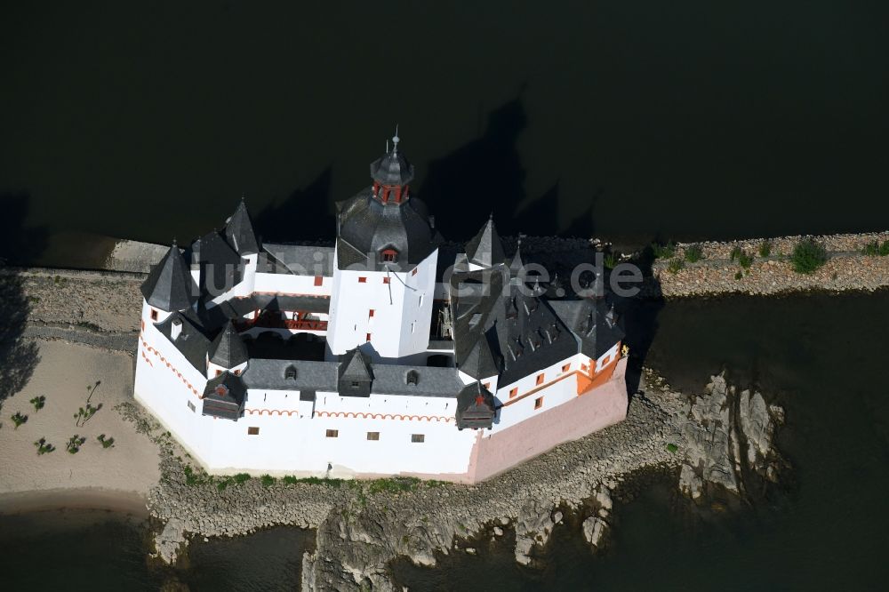 Luftaufnahme Kaub - Burg Pfalzgrafenstein Castle im Ortsteil Falkenau in Kaub im Bundesland Rheinland-Pfalz, Deutschland