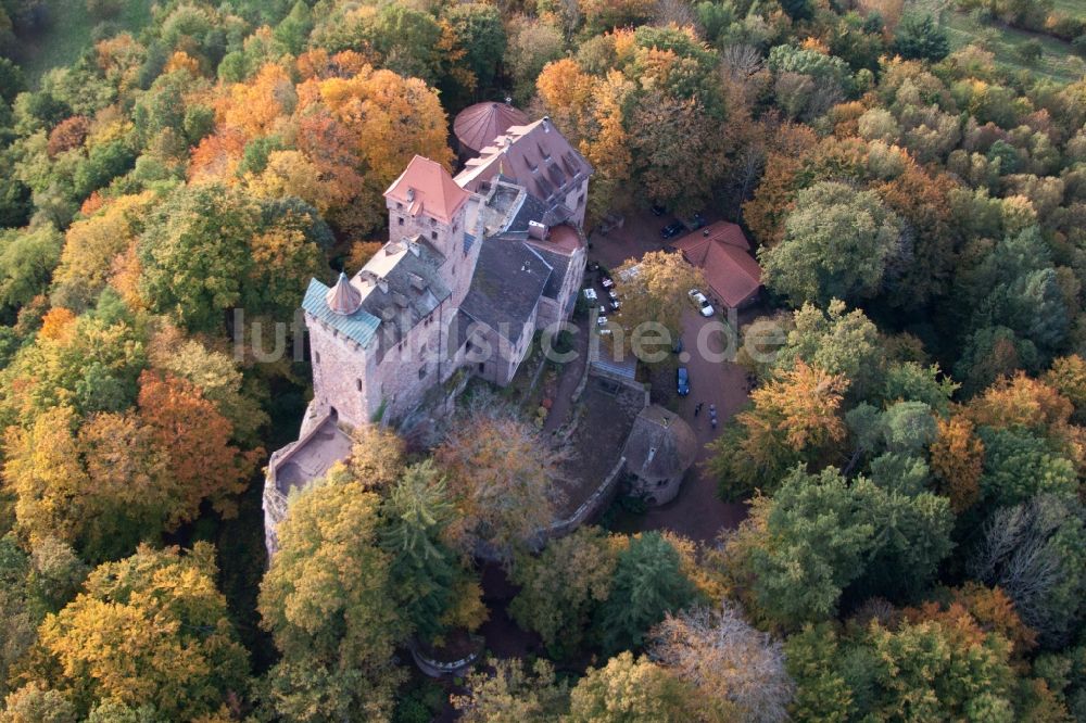 Erlenbach bei Dahn aus der Vogelperspektive: Burganlage des Schloss Berwartstein im Herbstlaub in Erlenbach bei Dahn im Bundesland Rheinland-Pfalz