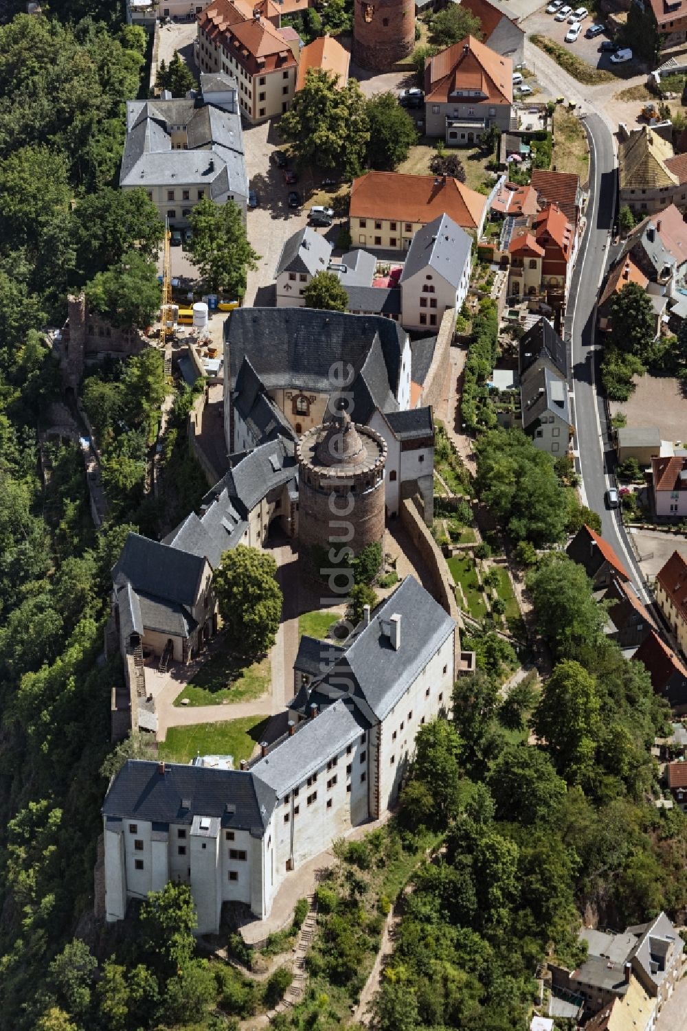 Leisnig von oben - Burgmauern Mildenstein in Leisnig im Bundesland Sachsen, Deutschland