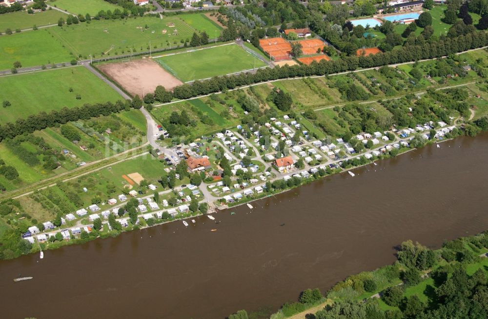 Volkach von oben - Campingplatz Ankergrund am Main-Uferin Volkach im Bundesland , Deutschland