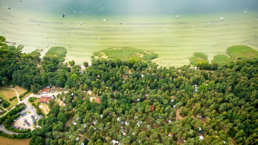 Luftaufnahme Rechlin - Campingplatz mit Wohnwagen und Zelten am See Müritz in Rechlin im Bundesland Mecklenburg-Vorpommern