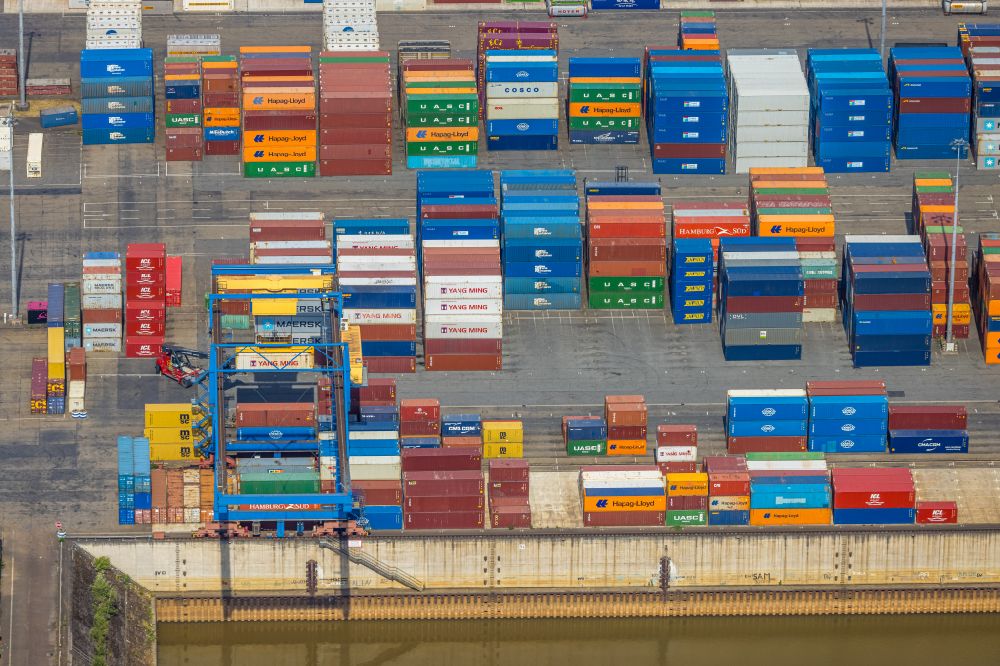 Luftaufnahme Duisburg - Container am Duisburg Intermodal Terminal im Logistikzentrum logport in Duisburg im Bundesland Nordrhein-Westfalen, Deutschland