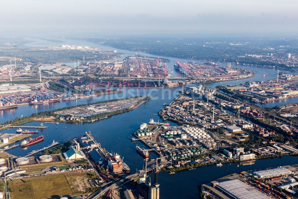 Hamburg aus der Vogelperspektive: Containerhafen des Waltershofer Hafen hinter der Insel des BLG AutoTerminal Hamburg GmbH & Co. KG in Hamburg, Deutschland