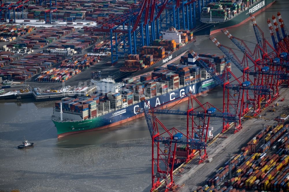 Hamburg aus der Vogelperspektive: Containerschiff CMA CGM LOUVRE am Burchardkai im Hafen im Ortsteil Waltershof in Hamburg, Deutschland