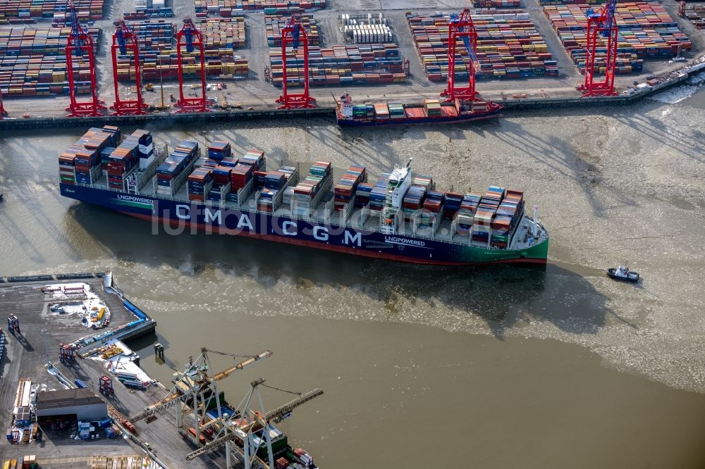 Hamburg von oben - Containerschiff CMA CGM LOUVRE am Burchardkai im Hafen im Ortsteil Waltershof in Hamburg, Deutschland