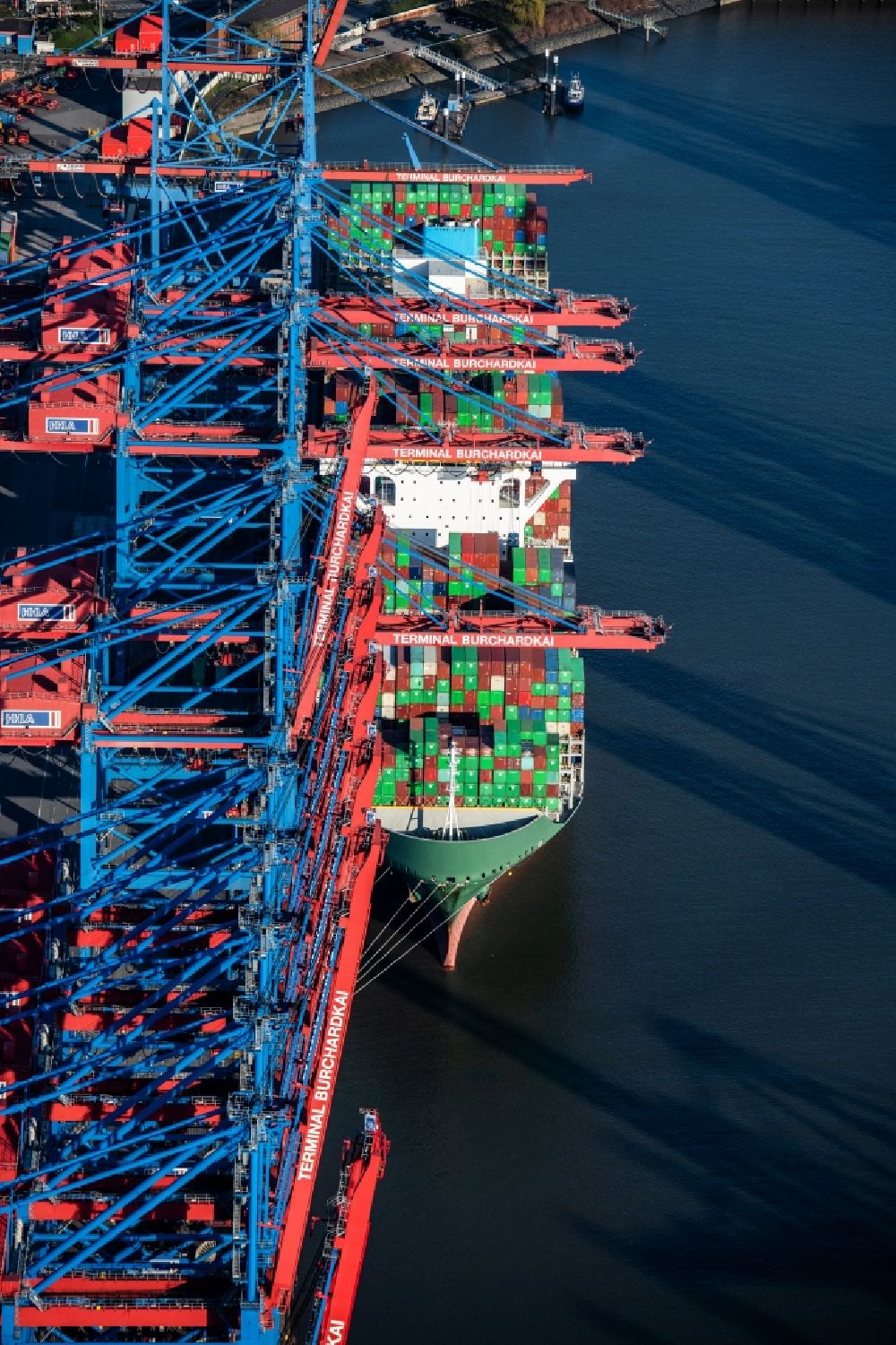 Hamburg aus der Vogelperspektive: Containerschiff Texas Triumph am Burchardkai im Hafen im Ortsteil Waltershof in Hamburg, Deutschland