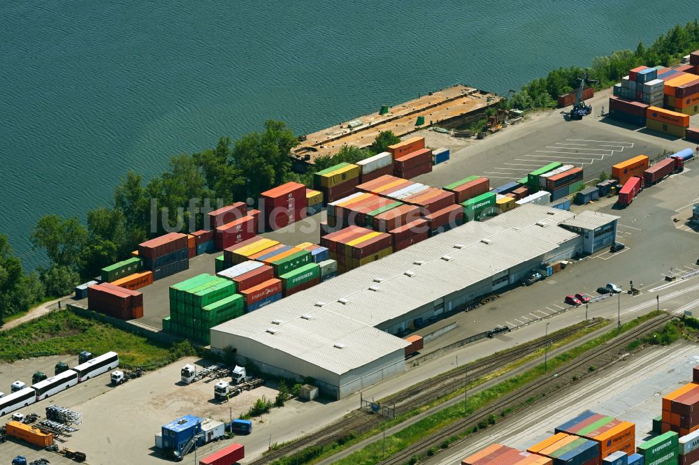 Luftbild Wörth am Rhein - Containerterminal im Containerhafen am Landeshafen in Wörth im Bundesland Rheinland-Pfalz, Deutschland