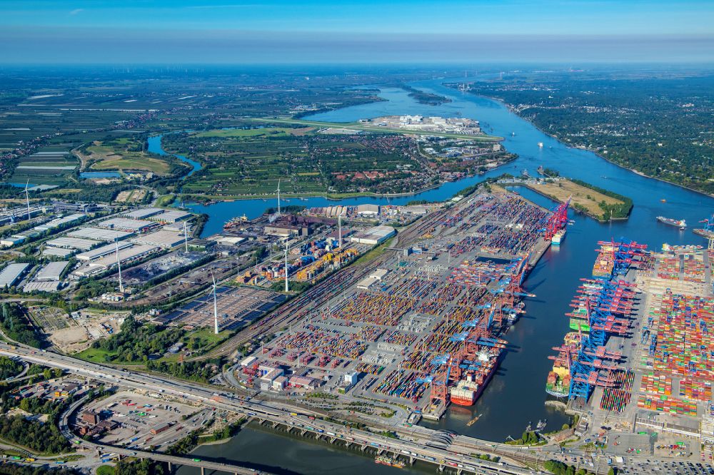 Hamburg aus der Vogelperspektive: Containerterminal von Eurogate im Containerhafen am Burchardkai des Überseehafen im Ortsteil Waltershof in Hamburg, Deutschland