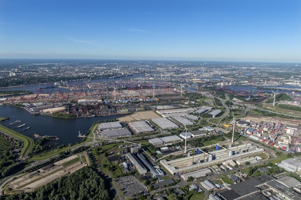Luftaufnahme Hamburg - Containerterminal HHLA Container Terminal Altenwerder (CTA) am Ufer der Elbe im Stadtteil Altenwerder in Hamburg