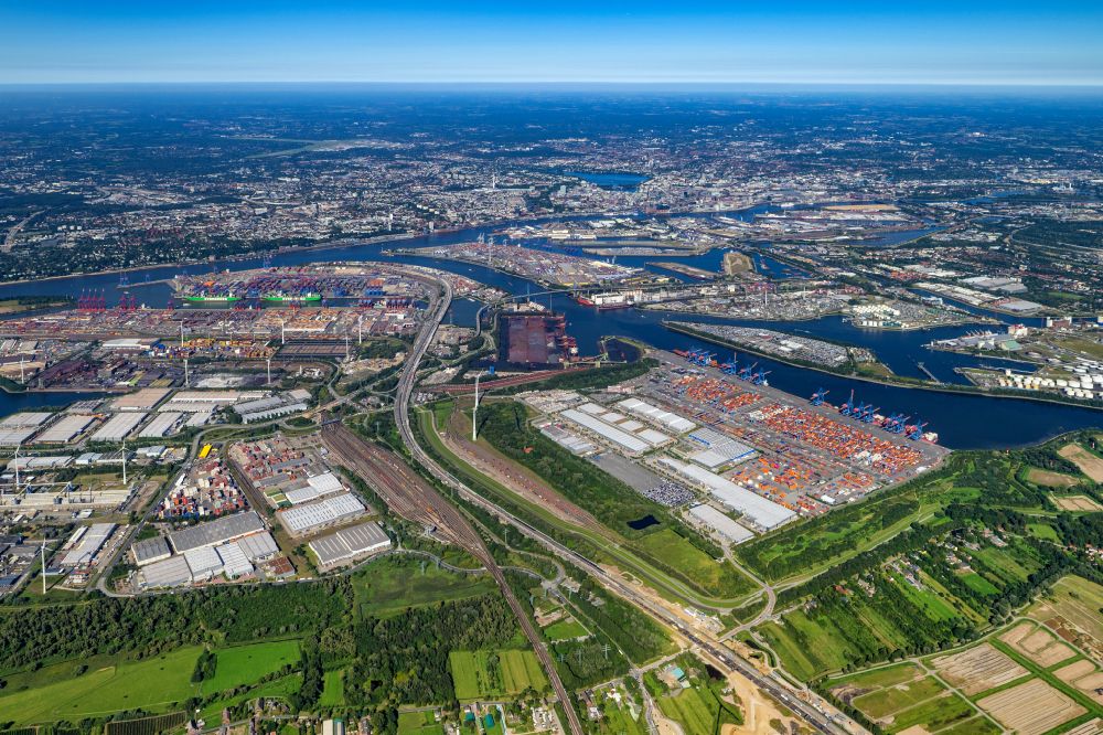 Luftaufnahme Hamburg - Containerterminal HHLA Container Terminal Altenwerder (CTA) am Ufer der Elbe im Stadtteil Altenwerder in Hamburg
