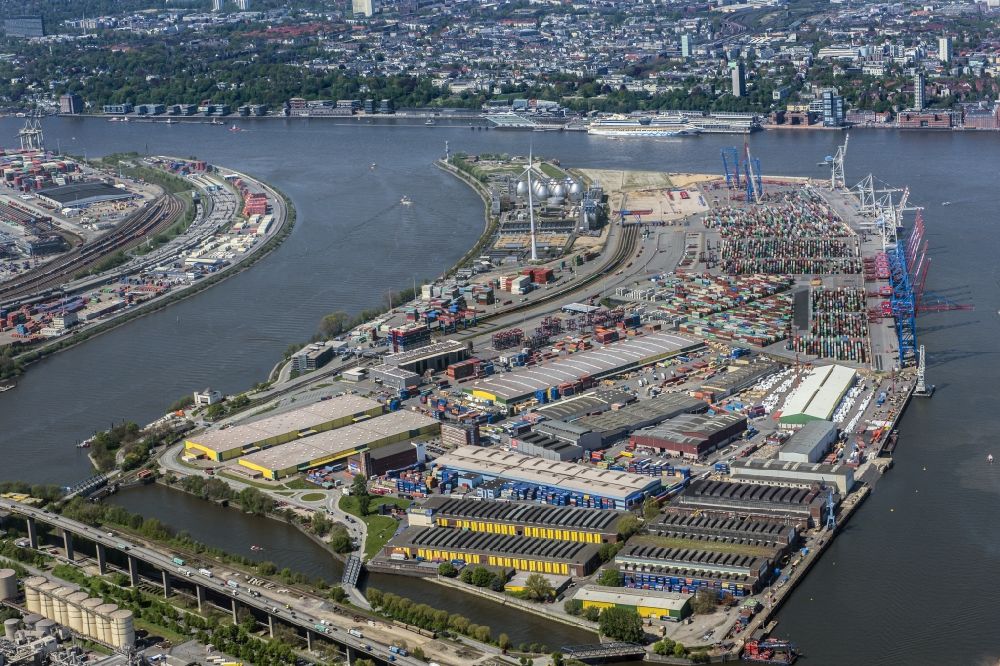 Luftbild Hamburg - Containerterminal Tollerort im Containerhafen des Überseehafen im Stadtteil Steinwerder in Hamburg mit dem Klärwerk Köhlbrandhöft