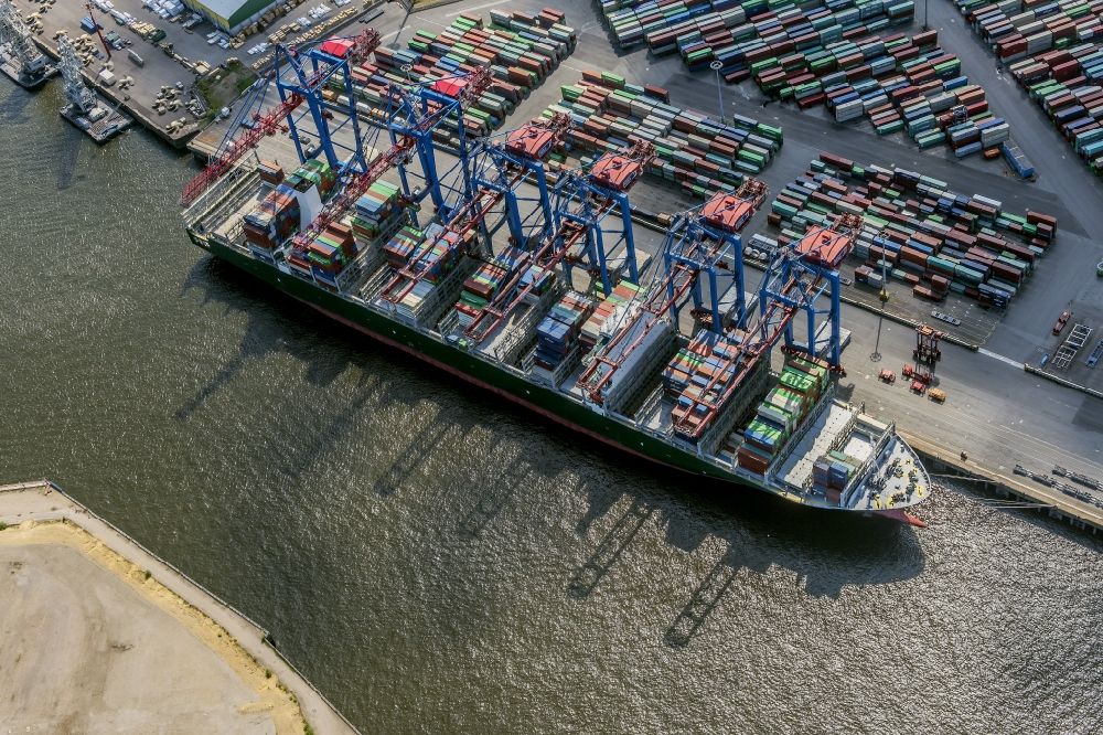 Hamburg aus der Vogelperspektive: Containerterminal Tollerort im Containerhafen des Überseehafen im Stadtteil Steinwerder in Hamburg mit dem Klärwerk Köhlbrandhöft